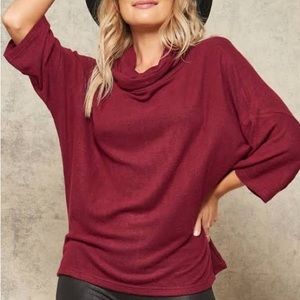 Bobeau Cowl Neck Red Burgundy 3/4 or 1/2 Sleeve Dolman Top Medium